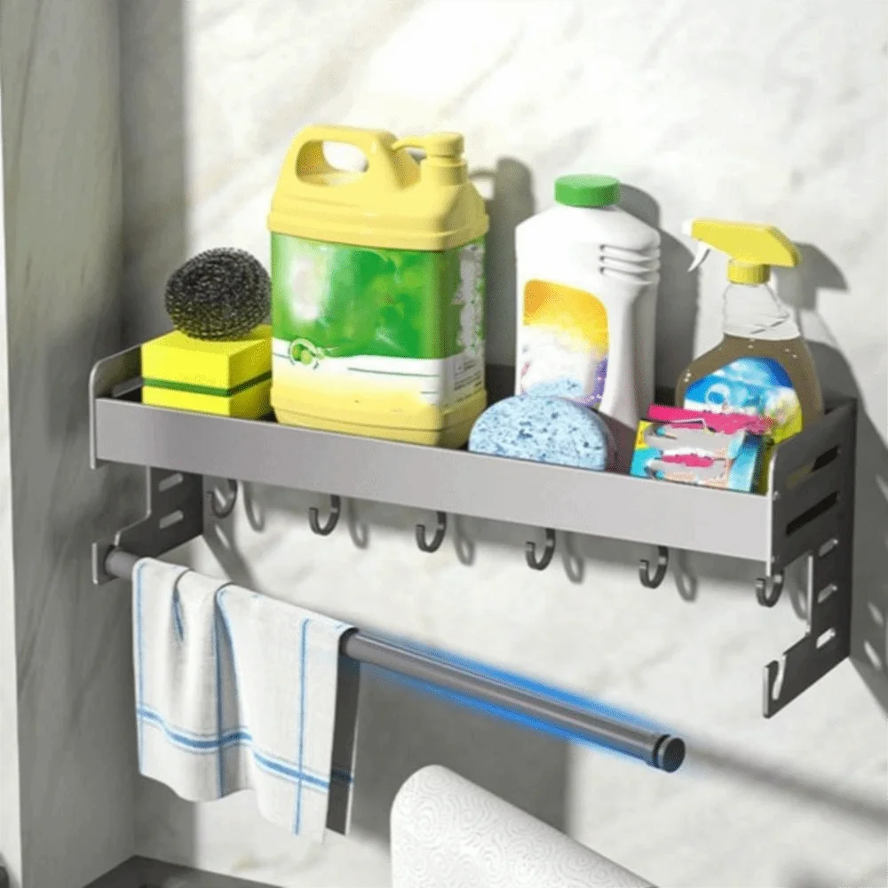 

30/40CM Kitchen Storage Rack Aluminium with Hook Seasoning Bottle Storage Utensil Rack Space Saving Wall Mounted Rack