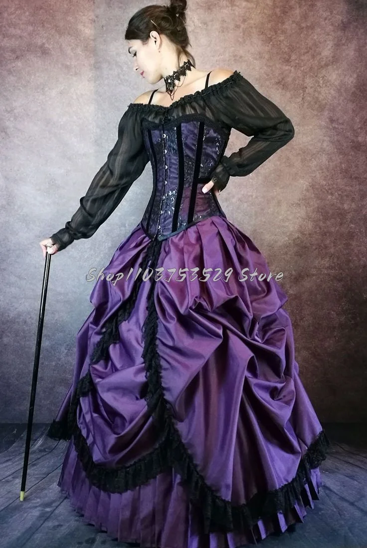 Classic Black Purple Gothic Wedding Dresses Simple Tulle Pleated Lace-up Corset Ruffled Steampunk Victorian Bridal Party Dresses