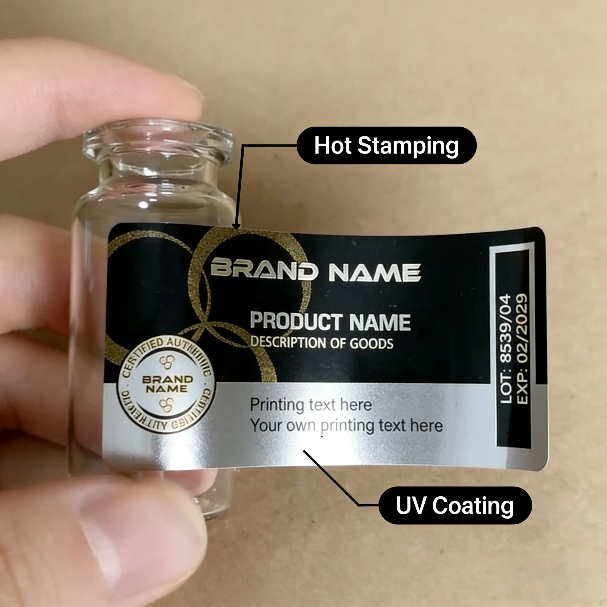 Custom Durable Textured Adhesive Labels for 3ml 10ml Vials,Tamper Proof Stickers for Cosmetic Refill Bottles