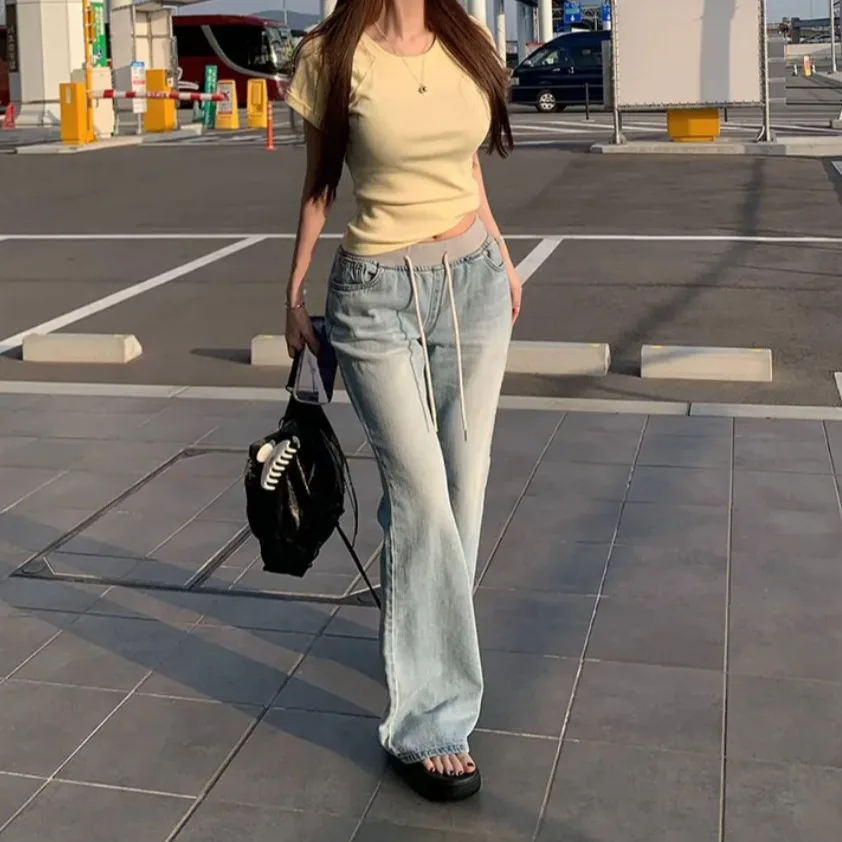 Casual Chic Fashionable Korean Style Elastic Waist Cuffed Hem Versatile Casual Denim Jeans Women's Summer 2026 Cotton Blend