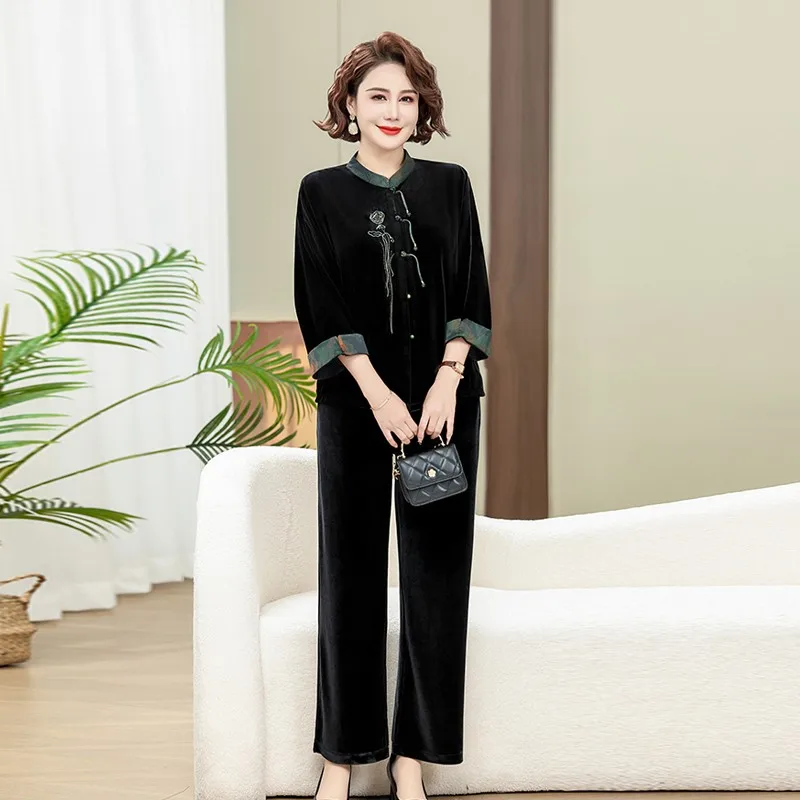 어머니 용수철 골드 벨벳 운동복 세트, 라지 사이즈 빈티지 에스닉 스타일, 중년 여성 스포츠웨어 슈트, 가을 신상, 2PCs