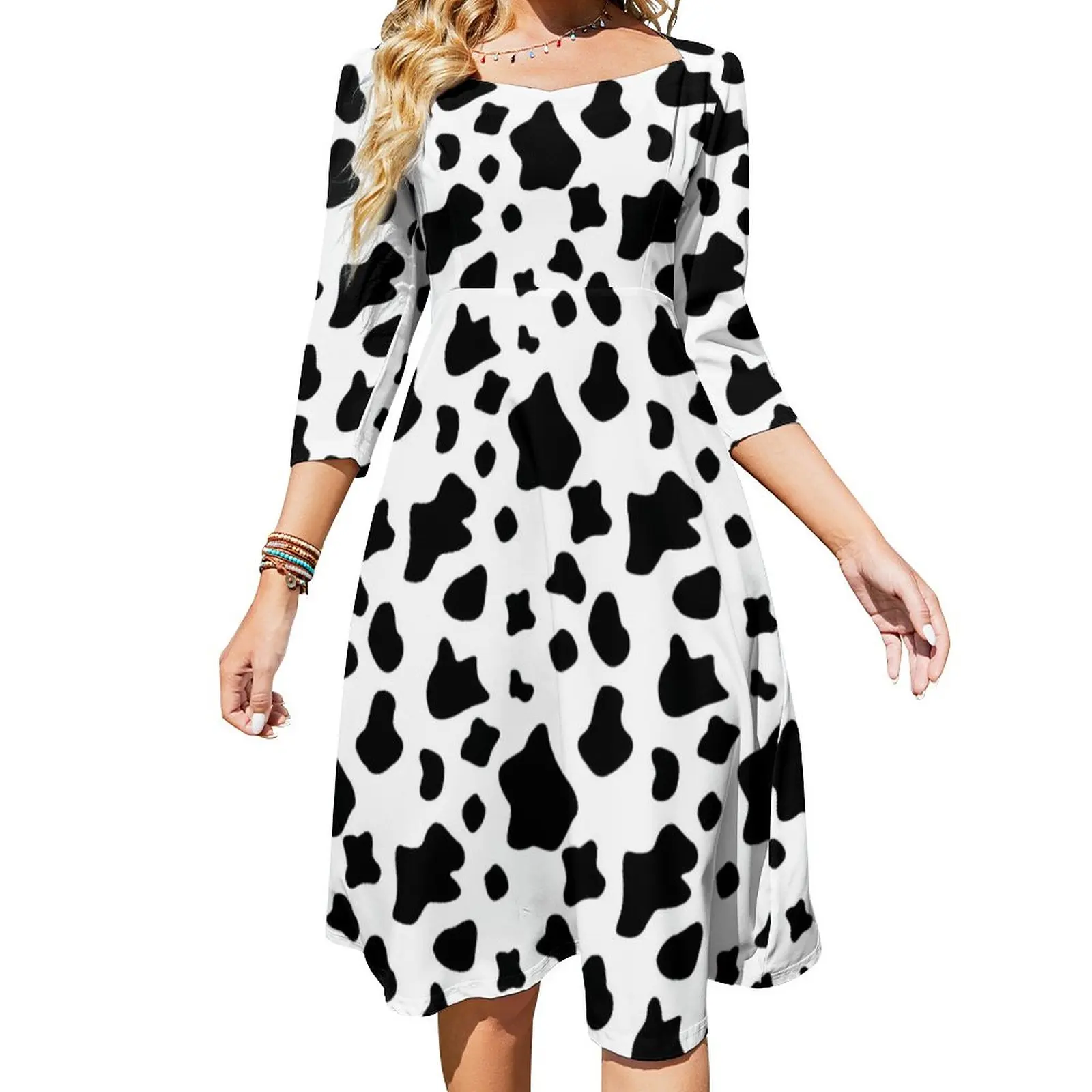 Farm Animal Print Casual Dress Female Funny Cow Spots Street Wear Dresses Kawaii Dress With Bow Summer Oversized Clothing