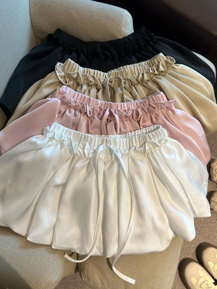 

White High Waist Flower Bud Half Skirt Women's Summer Elastic Waist Slimming Puffy Skirt Anti-Light Walking Shorts