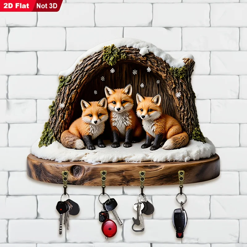2D Flach, 1 Stück, Schlüsselhaken mit Baumhöhlen-Fuchs-Motiv, Multifunktionaler Holz-Schlüsselhalter für Zuhause, mit Vier Metallhaken, Wanddekoration, für den Eingangsbereich