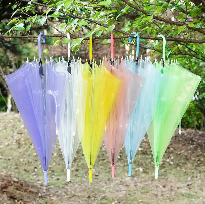 50PCS Wholesale Sunny Rainny Transparent Multicolor Umbrellas Clear PVC Umbrellas Long Handle Rainproof Umbrellas ni104