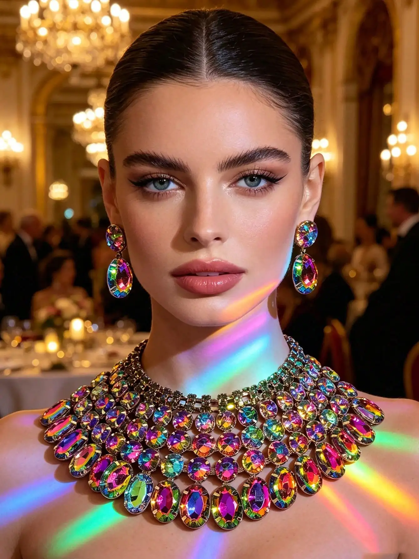 Luxuriöses, übergroßes Statement-Schmuckset für Damen, übertriebene Regenbogen-Halskette und Ohrringe im Set für Party, Abschlussball, Hochzeit – Detail 3