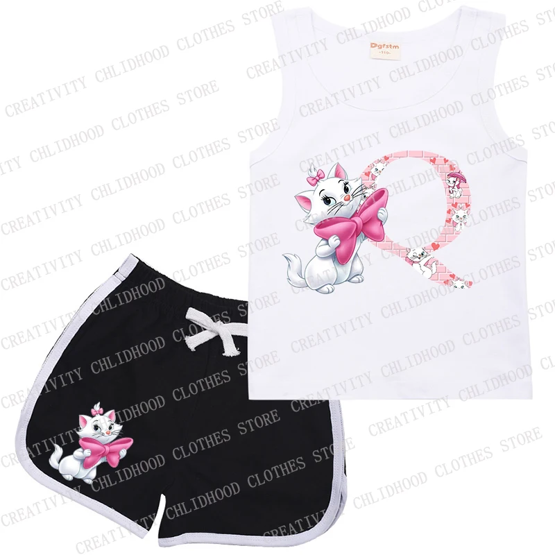 Disney Marie Cat Children Suit Letter ABCDEFG Sports Black Clothes Casual Sleeveless Girl Boy Vest & Shorts 2Pcs Sets Kids Wear