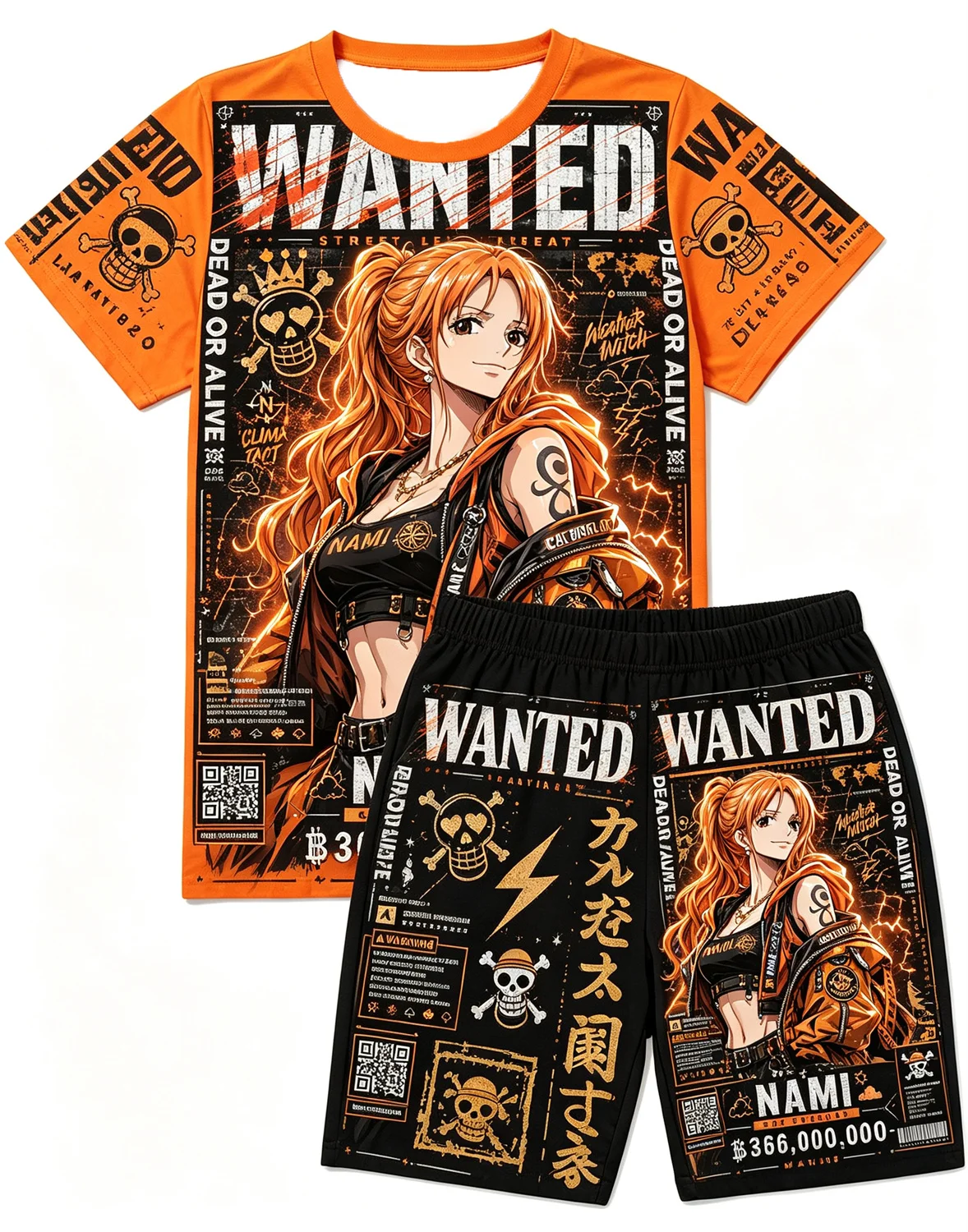 Bandai One Piece Monkey D Luffy Laugh Anime Print T-Shirt Drawstring Shorts Set For Men Women Kids Home Casual Two Piece Outfit