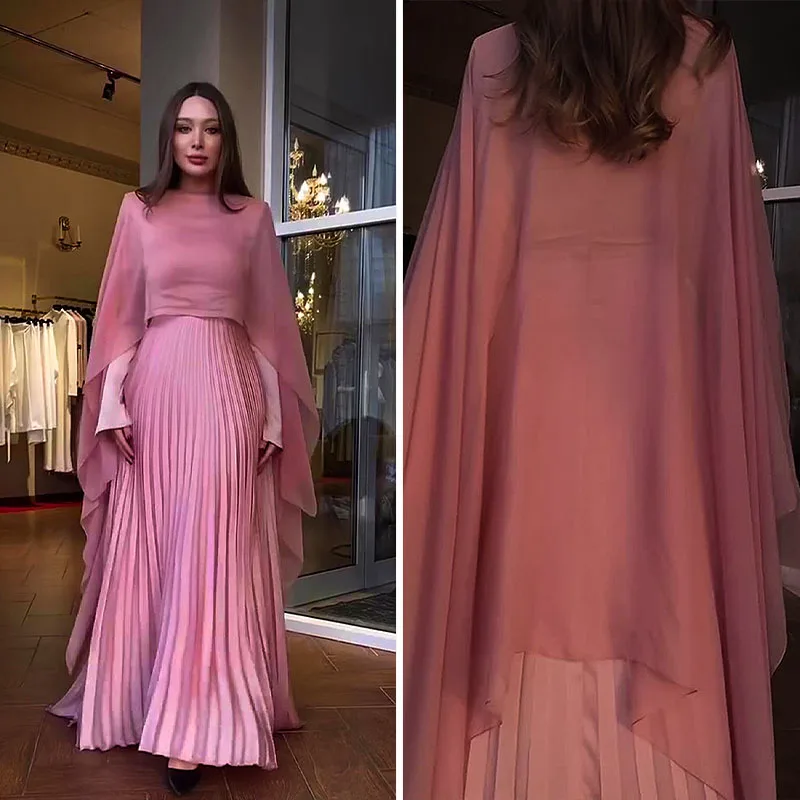 Satin O-neck Long-sleeved Dress for Women Pink Pleated Spring Summer Long Sleeve Muslim Abayas Casual Female Clothing Vestidos