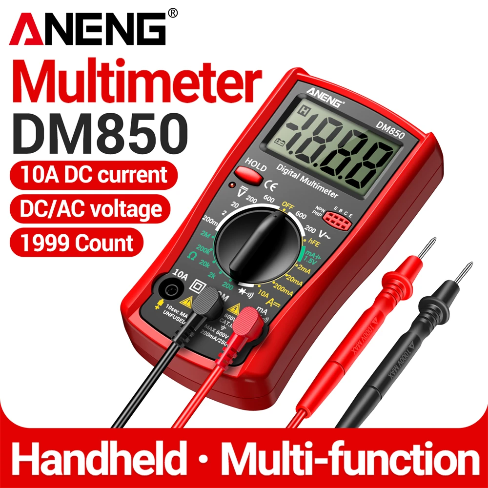 ANENG DM850 Digital Multimeter AC DC Voltage Current Resistance Tester 1999 Counts Diode Continuity Test Data Hold Electrician Measuring Tool Voltmeter Ammeter LCD Multimeter