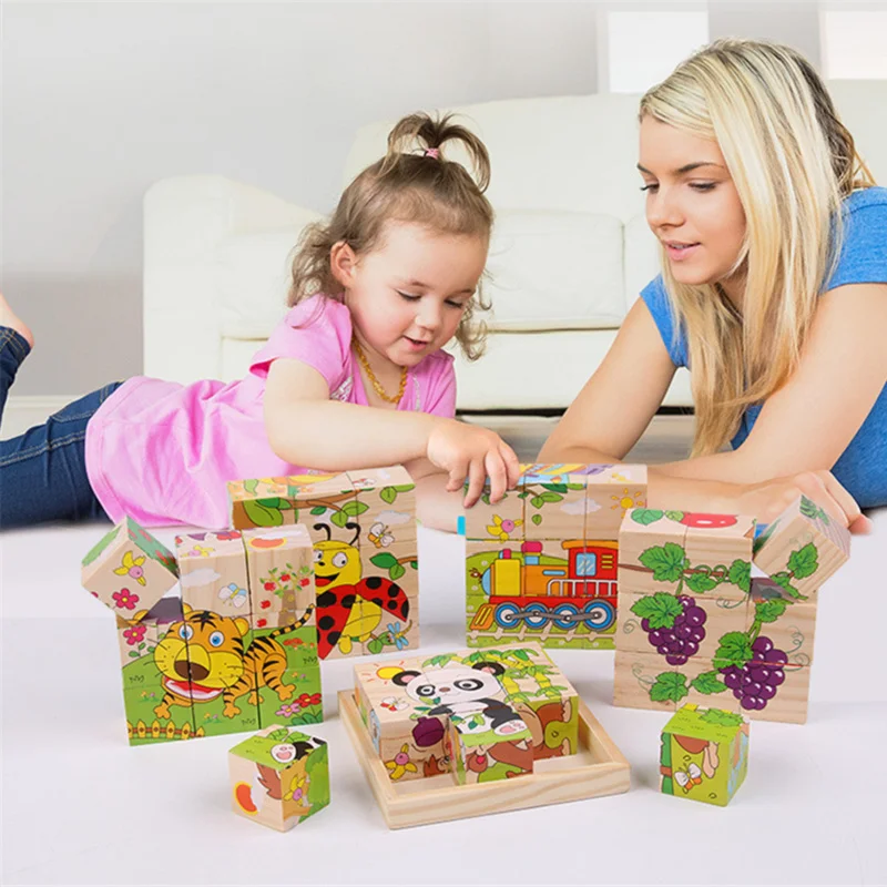 Baby Wooden Blocks Toys Cartoon Animal Six Side Cube Jigsaw Puzzles Game Montessori Educational Toys for Children Gifts