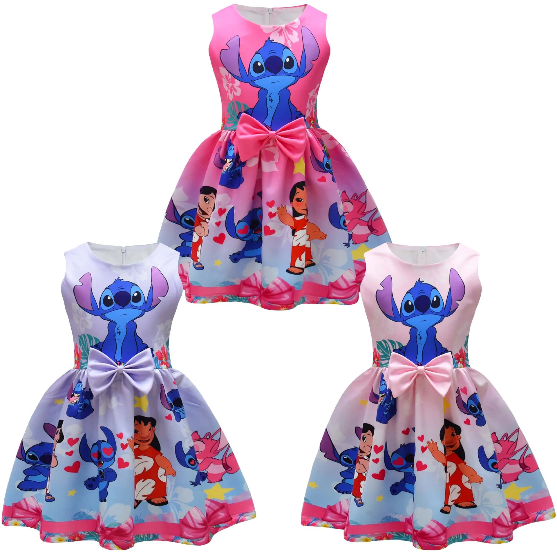 2025 New Fashion Girls Stitch Costume Dress Children Girls Bowknit Cartoon Animal Clothing Birthday Party Disney Dresses 3-8Y