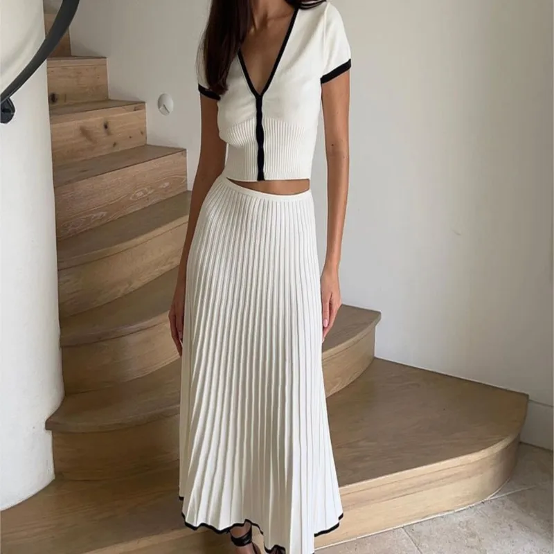 2024 Summer Women\'s White Long Skirt Suit Short Sleeve V-Neck Cropped Top Pleated Suit Elegant Dress 2 Piece Skirt Suit