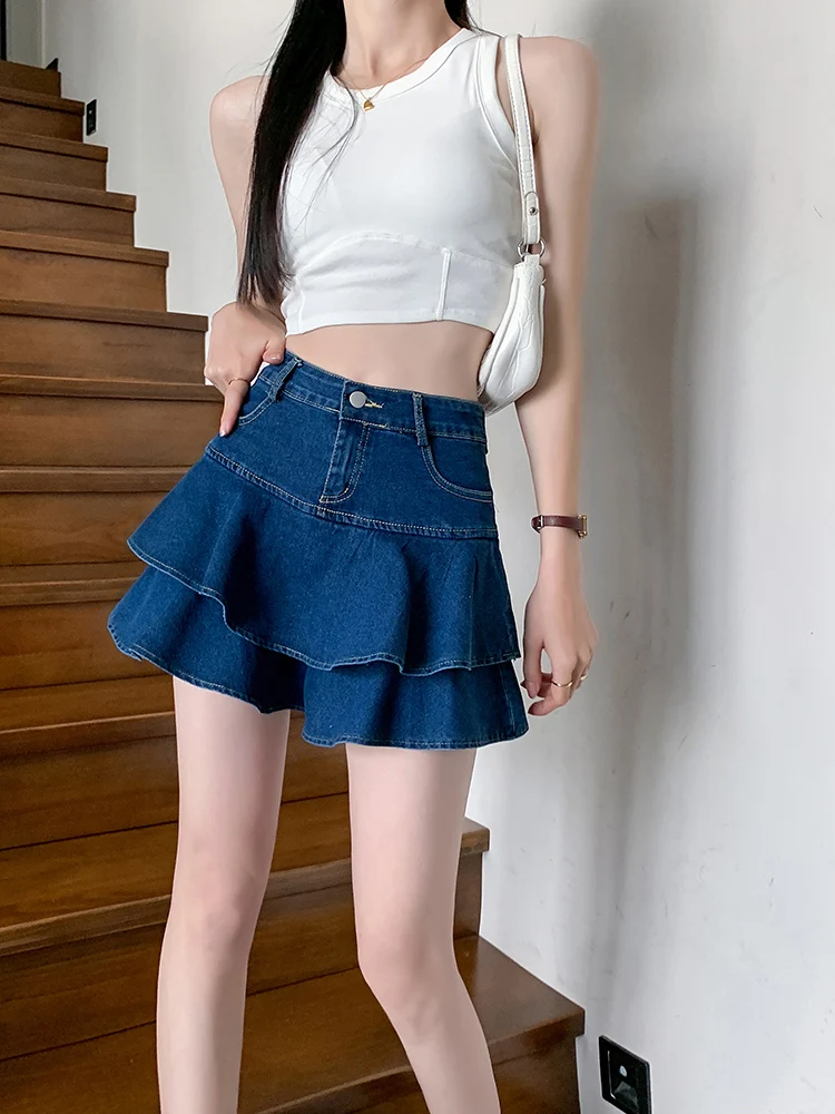 Vintage Woman Denim Shorts Skirts Summer 2023 Streetwear All Match Washed Kawaii Ball Gown Ruffles Mini Jeans Saias Femme