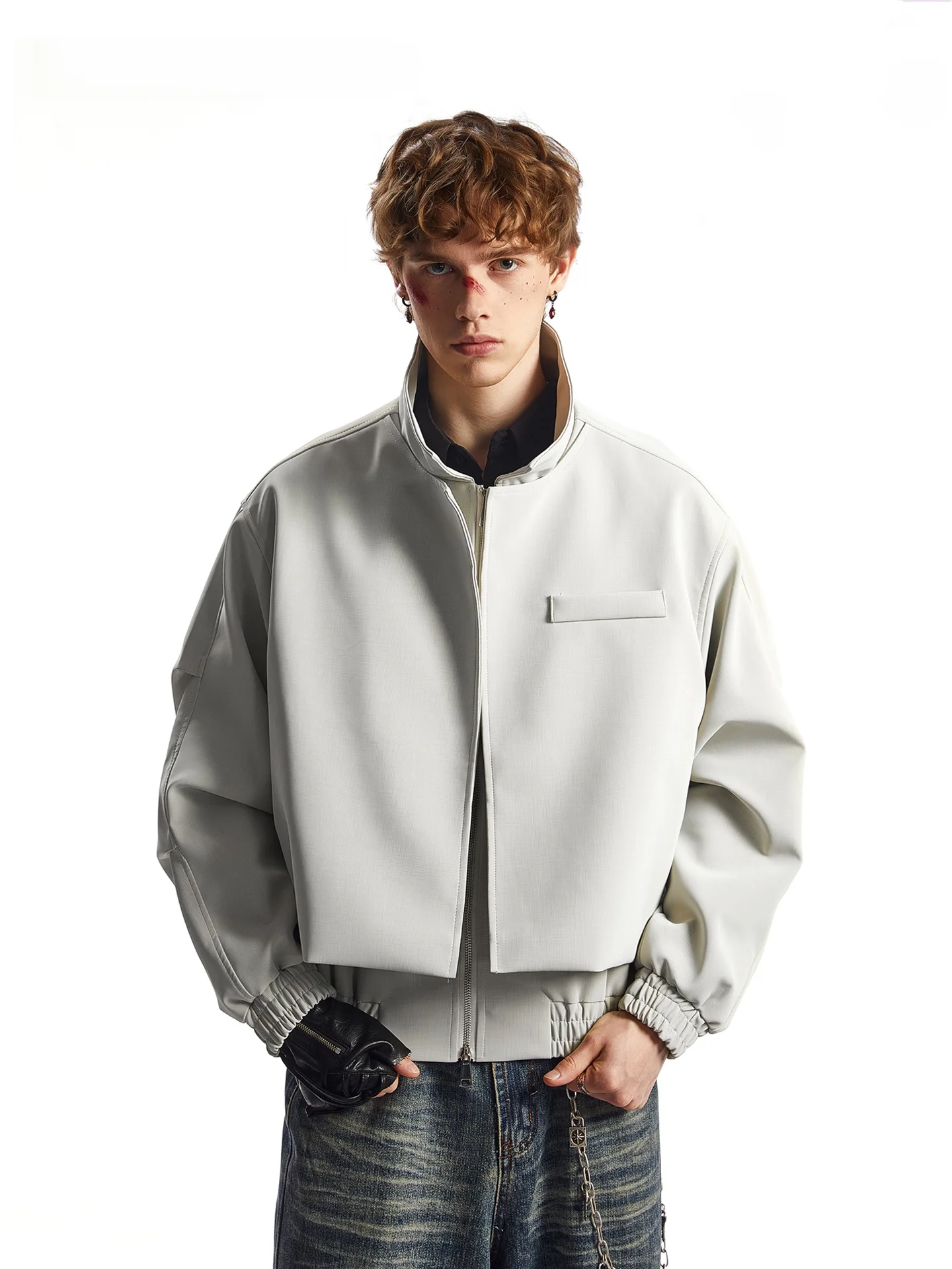 

SDMADE American Sle Casual Patchwork Structure Leather Jaet Men's Spring Autumn Fake Two-Piece Turn-down Collar Coat