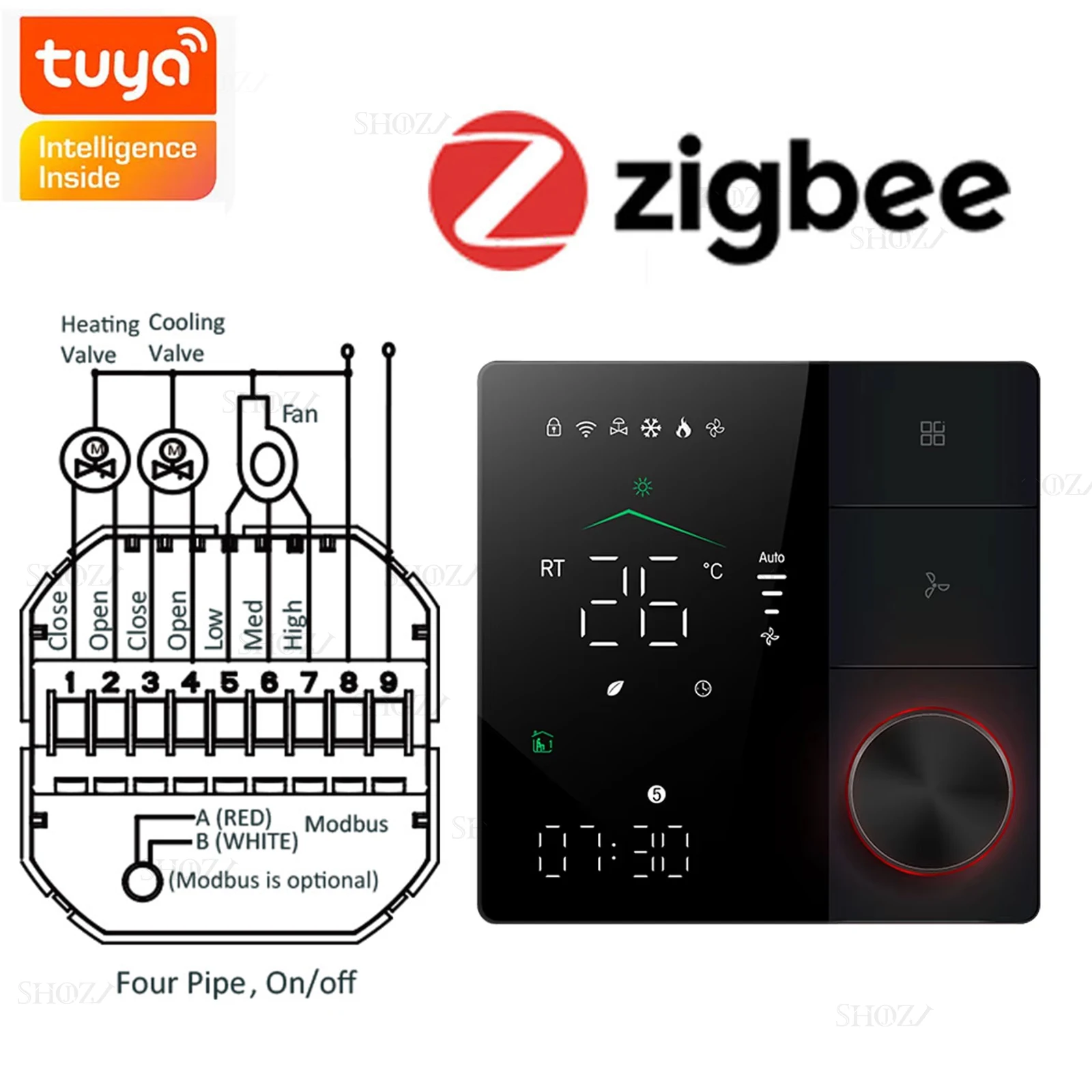 Zigbee/Wifi/RS485 Klimaatthermostaat voor Fan Coil Units, 2/4-Buis Verwarming/Koeling Temperatuurregelaar, Compatibel met Tuya Smart Life,Ondersteunt Alexa Google Home Assistant, kan Honeywell,