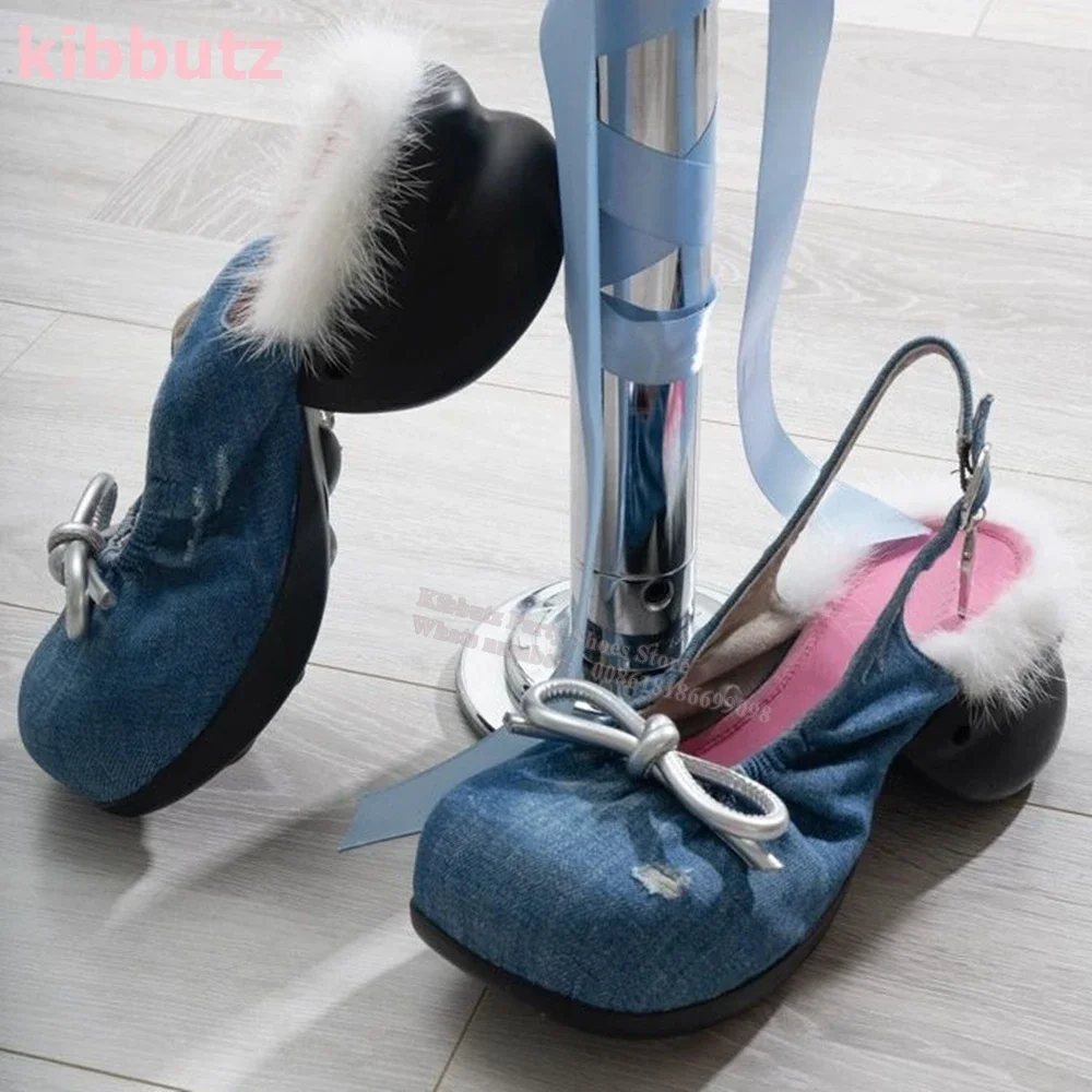 

Denim Bows Ballet Pumps Round Toe Strange Heels Mixed Color Slip-On Fashion Elegant Concise Novelty Sexy Party Women Shoes New