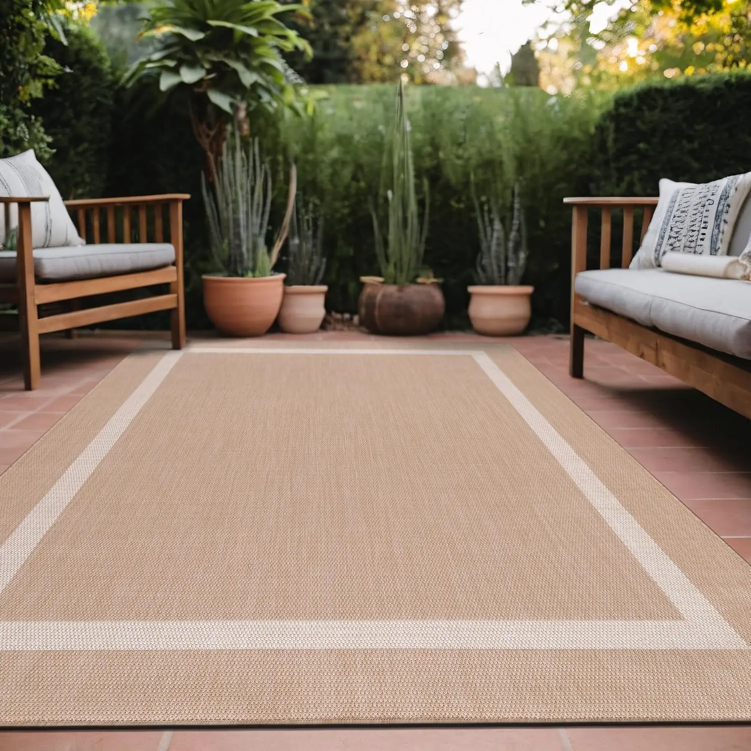 Comfort Corner Bordered Outdoor Rug 5X7 Washable Outside Carpet for Indoor Patio Porch Easy Cleaning Non Shedding Area Rugs