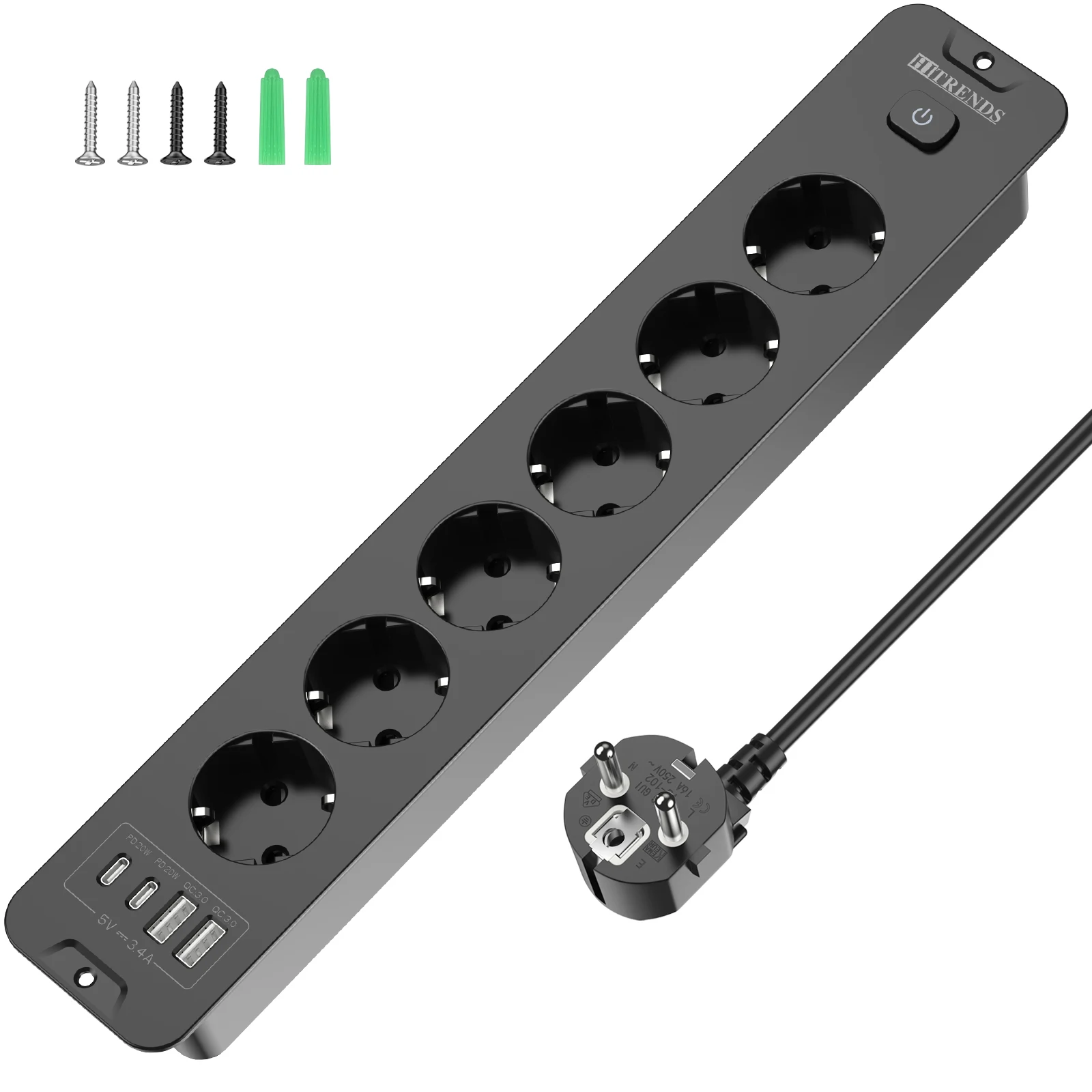 EU-stekker desktop ingebouwde stekkerdoos met 4/6 AC-stopcontacten 2 USB 2 Type-C, hoofdbedieningsschakelaar 2 m verlengkabel
