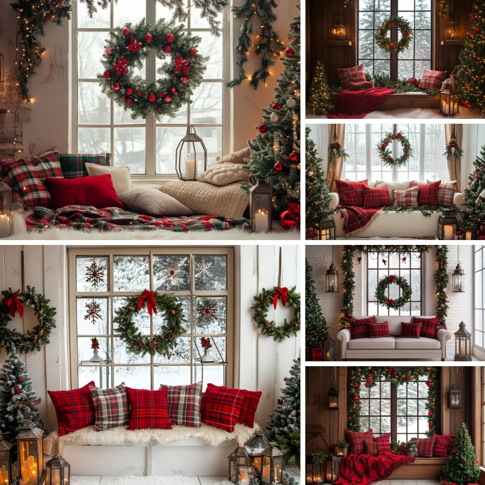 

Christmas Photography Backdrop Indoor Window Cabinet Sofa Garland Xmas Tree Hug Pillow Kid Family Portrait Photo Background