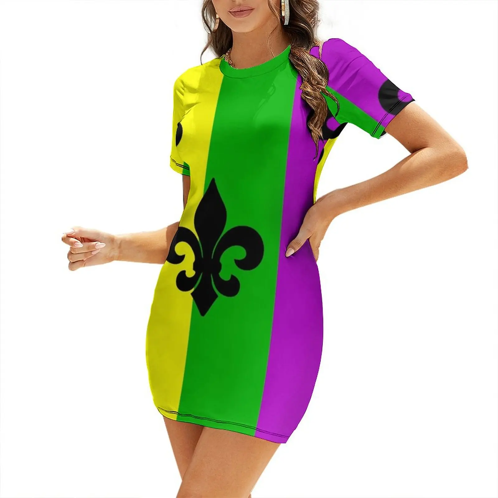 

Fleur de Lis with Mardi Gras colors Short Sleeved Dress dress korean style Summer women's clothing