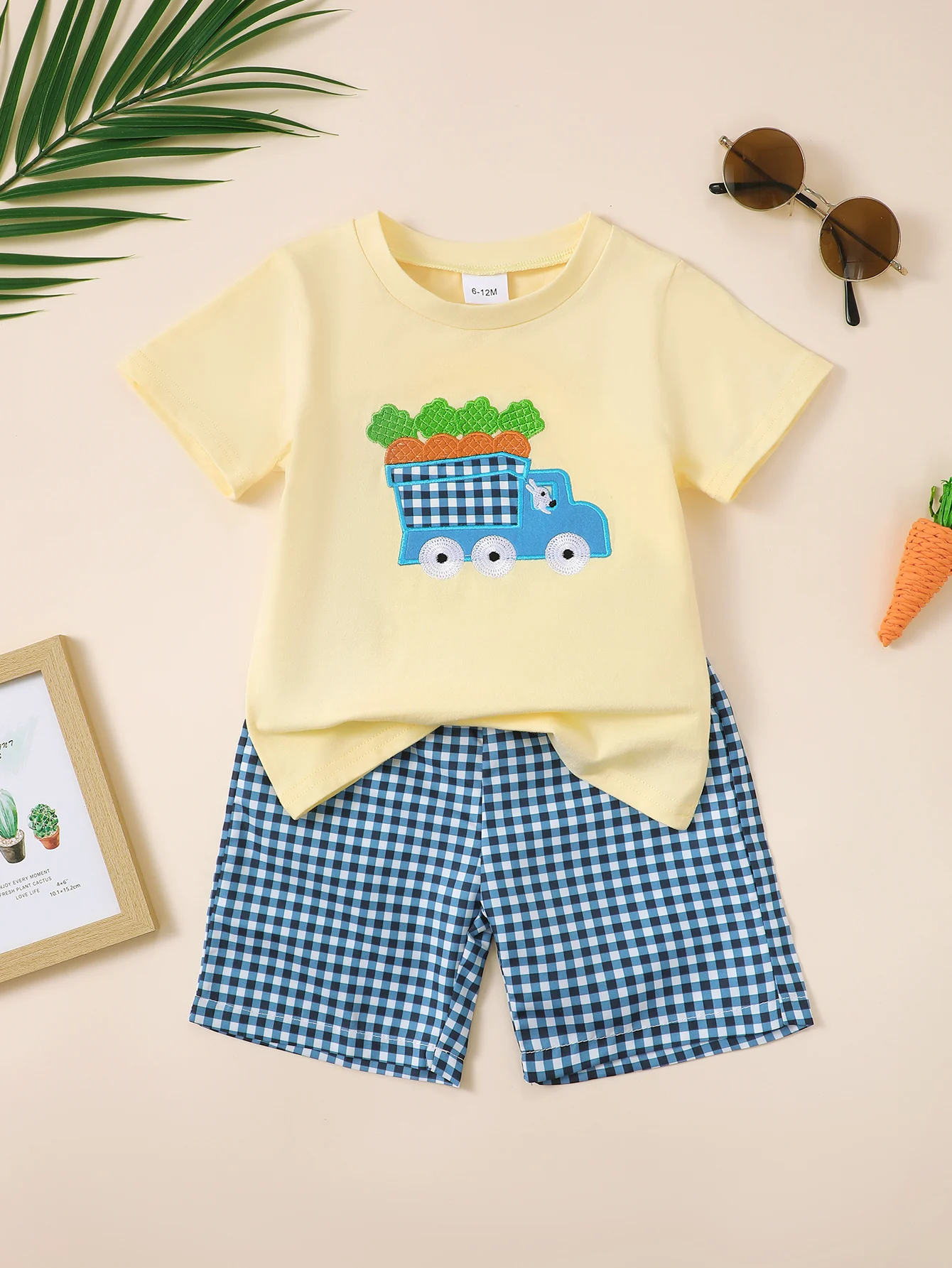 Baby Boy Summer Outfit with Embroidered Car Pattern Short Sleeve Top And Shorts Set for Infants