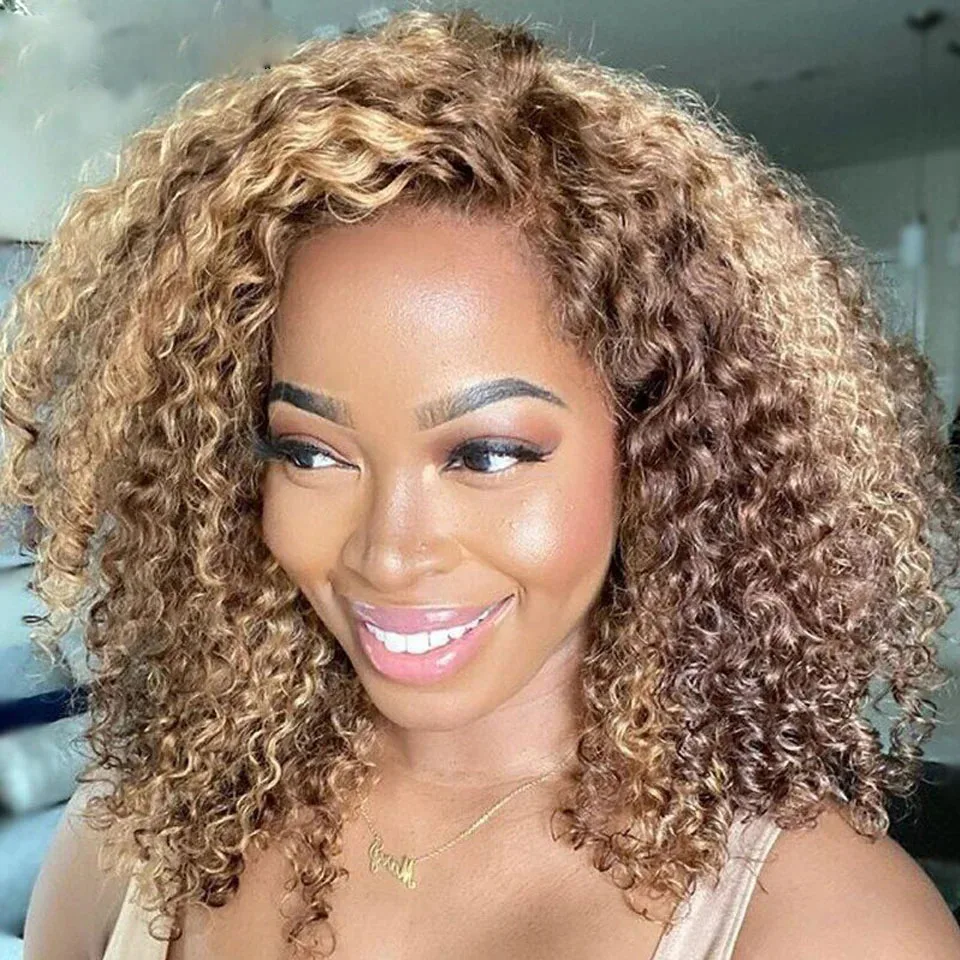 Highlight Honigblonde, federnde, lockige V-Part-Perücke mit Clips, 100 % Echthaar, Wasserwelle, klebefrei, Ombre Braun, U-Form-Perücken, volle Spitze – Detail 1