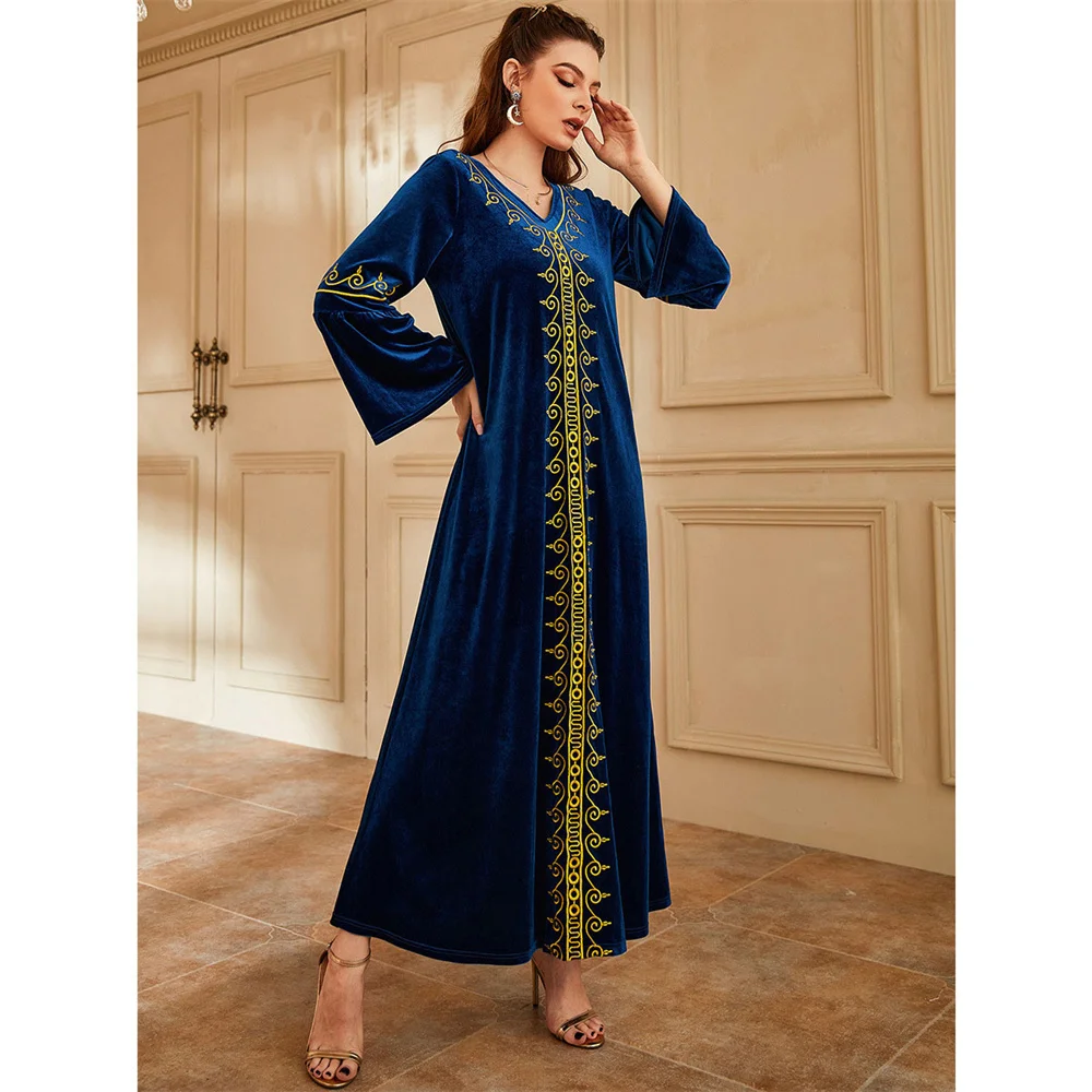 Plus Size Muslim Arabic Abaya Women\'s Long Dress Velvet Embroidery Party Evening Casual Robe Gown Dubai Turkish Gowns Fashion