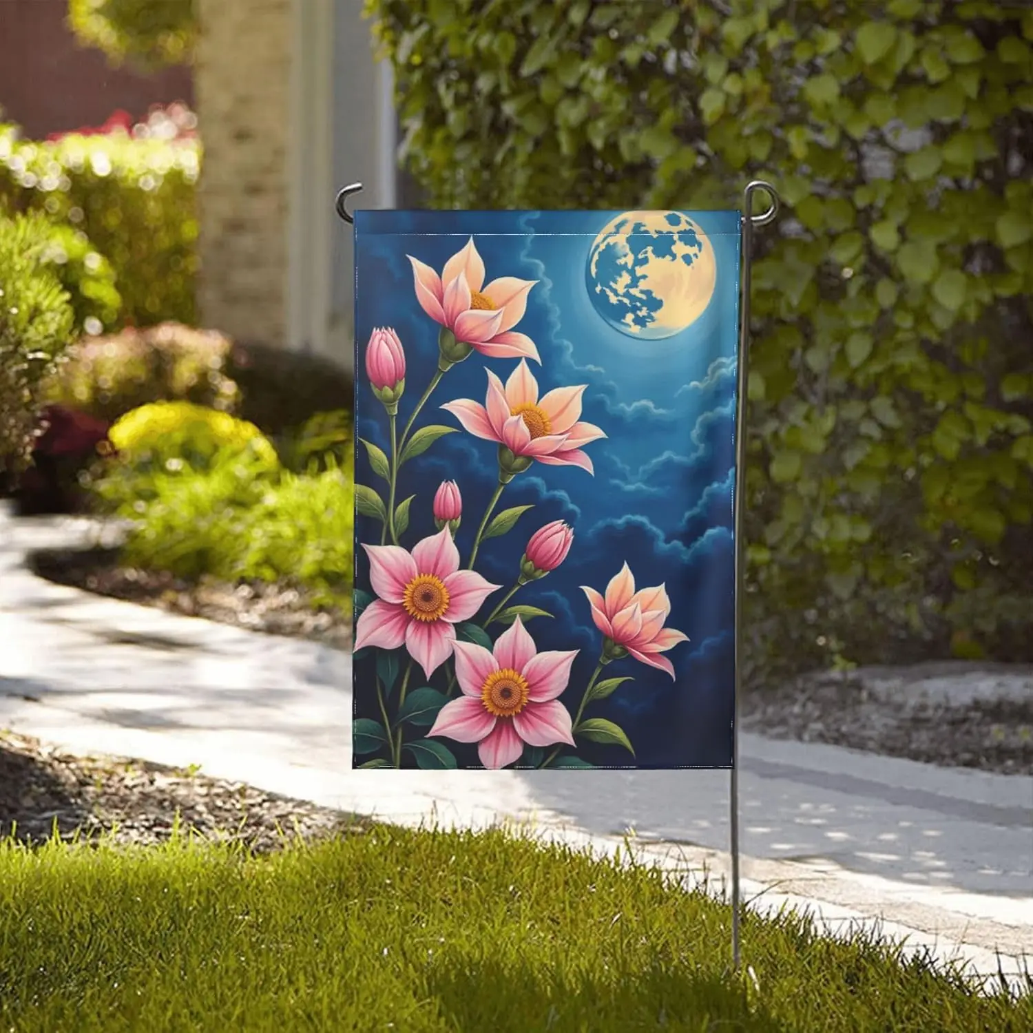 Moonlight Dahlia Garden Flag 12x18 Inch Double Sided Outdoor Yard Decor， Pink Flower Night Bloom Seasonal Farmhouse Flag for AAS