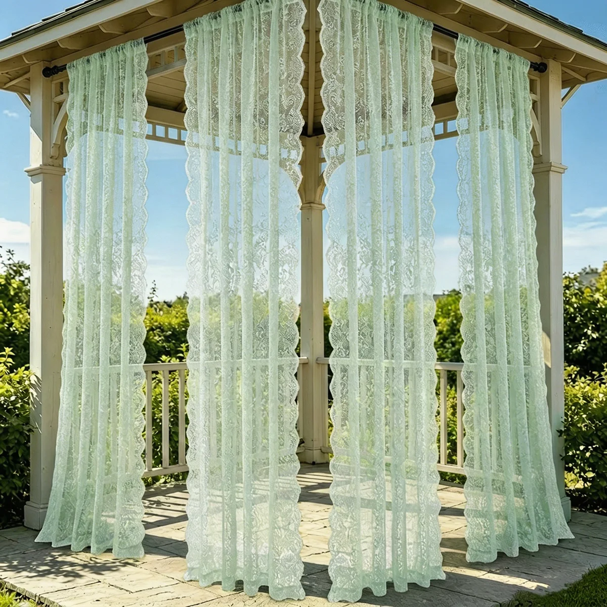 4Pcs Serene and Fresh Lace Curtains, with Wave-Like Borders, for Garden Pavilions/Balconies to Protect from the Sun