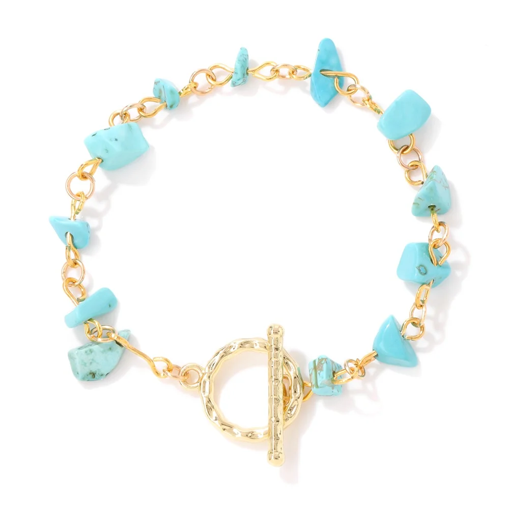 Düzensiz doğal çip taş bilezik altın rengi OT toka bilezik turquoçakıl taşı boncuk bilezik zarif takı hediye