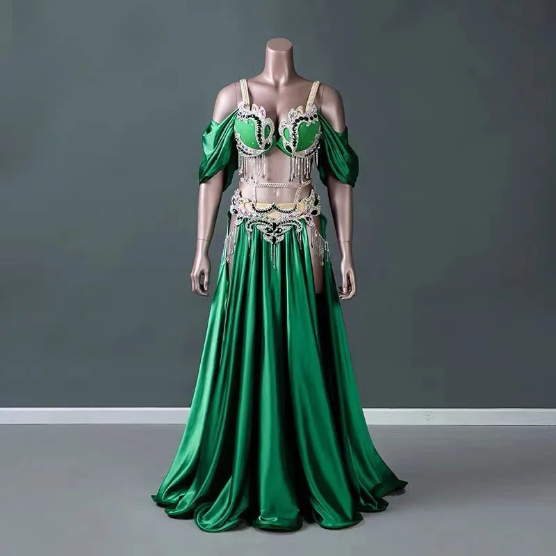 Belly Dance Costume  Bra  And Belt Satin Maxi Long Skirt  Professional Oriental Dance Wear Outfit Carnival Bollywood New Arrival