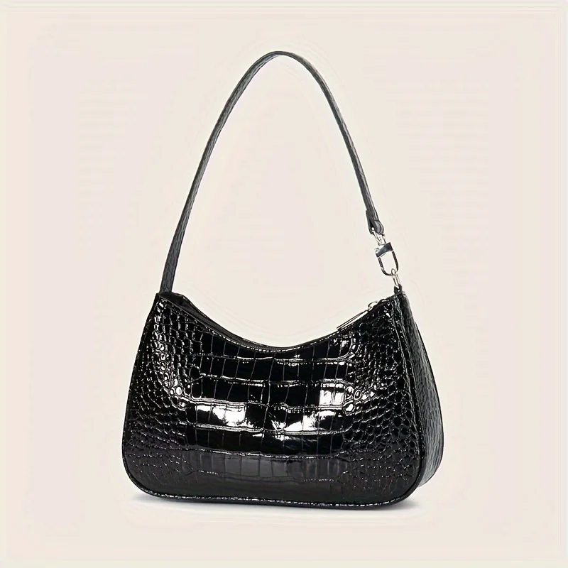 

Chic Black Crocodile Embossed Patent Lady Tote Bag, Minimalist Glossy Underarm Shoulder Purse, Casual Commuter Handbag for Women