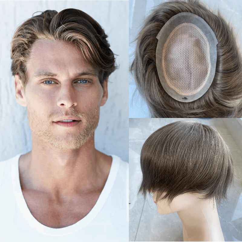 Clearance  Australia-Double Layers 100% Natural Human Hair Toupee Male Hair Prosthesis Lace PU Base Breathable System Man Wig