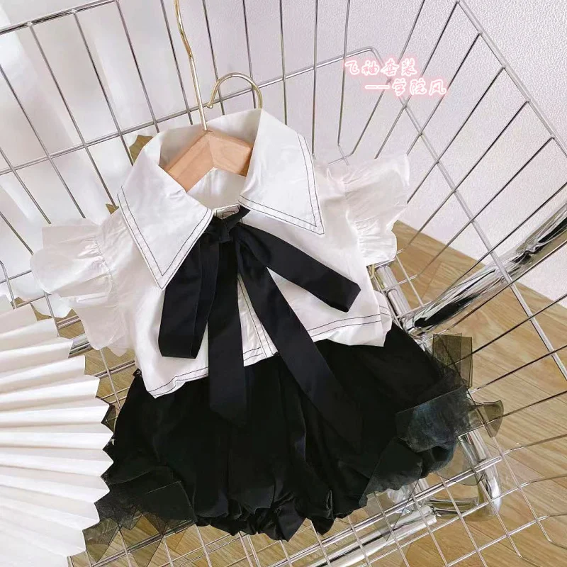 

Mu Mu Girls' Preppy Style Suit Summer Little Girl Baby Shorts Two-Piece Suit Western Style Children's Net Red Suit Suit Fashiona