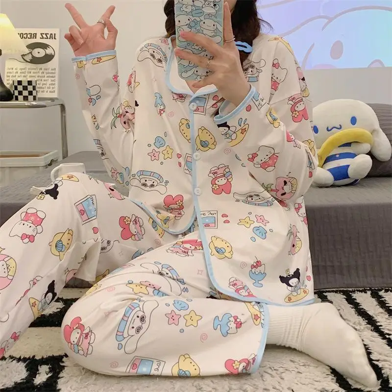 Hot Kawaii Hello Kitty Pajamas Girl Sweet Cardigan Hottie Sanrio My Melody Long Sleeves Trousers Cute Home Wear Casual Wear Suit