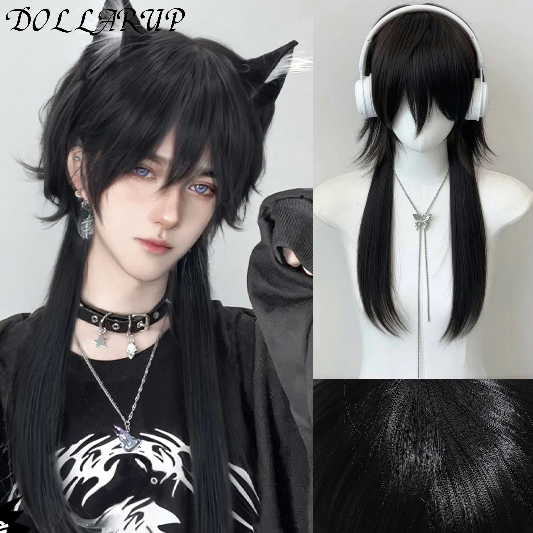

Synthetic Cosplay Wig Mullet Head Wig Natural Black Gold High Quality Wig For Boy Straight Wolf Tail FakeWolf Tail Mullet