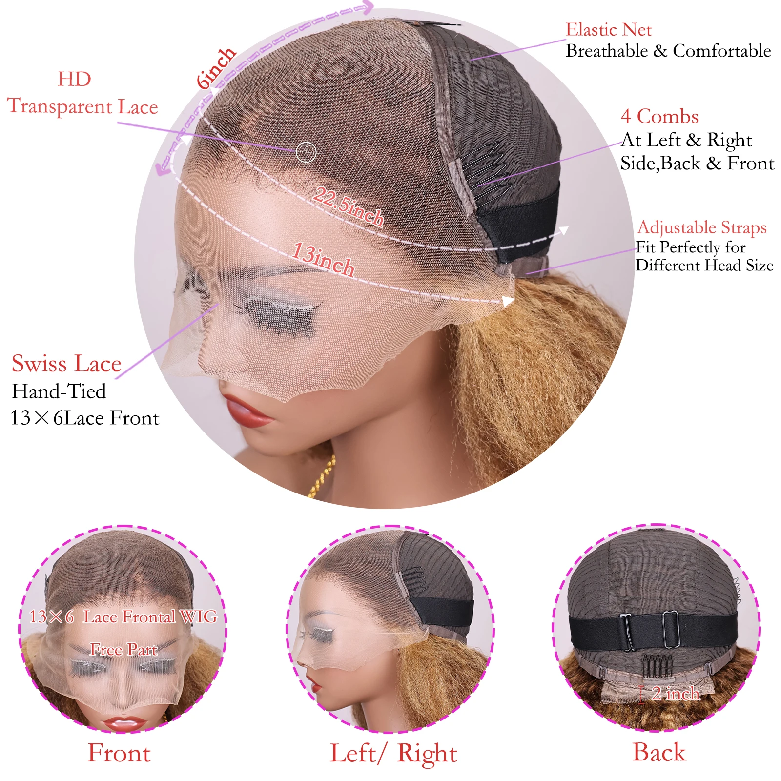 4/27 Highlight Kinky Straight 13x6 Lace Frontal Human Hair Wigs 200% Brown Blonde Piano Color 13x4 Front Wig PrePlucked Yaki Wig image 6