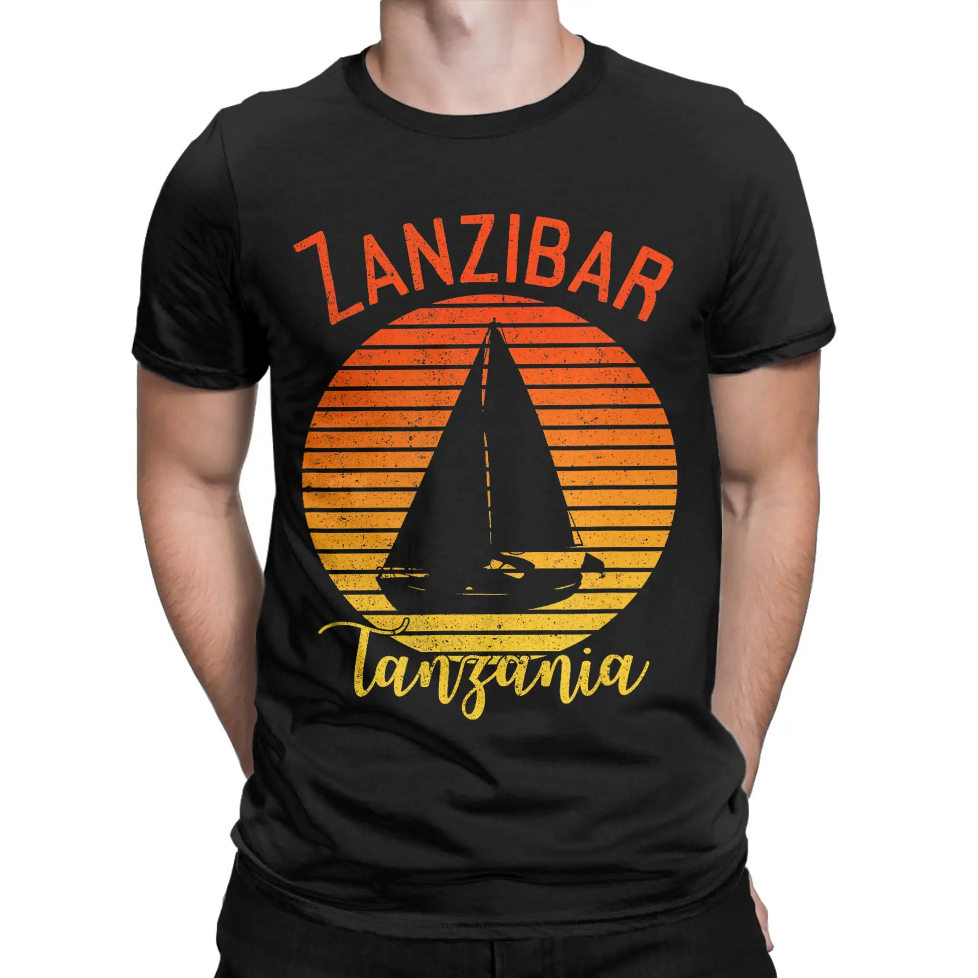 Vintage Zanzibar Tanzania Africa Sunset Sailing T-Shirt Beach  Hipster T Shirts Male Cotton Tees Short-Sleeve Vintage Tops