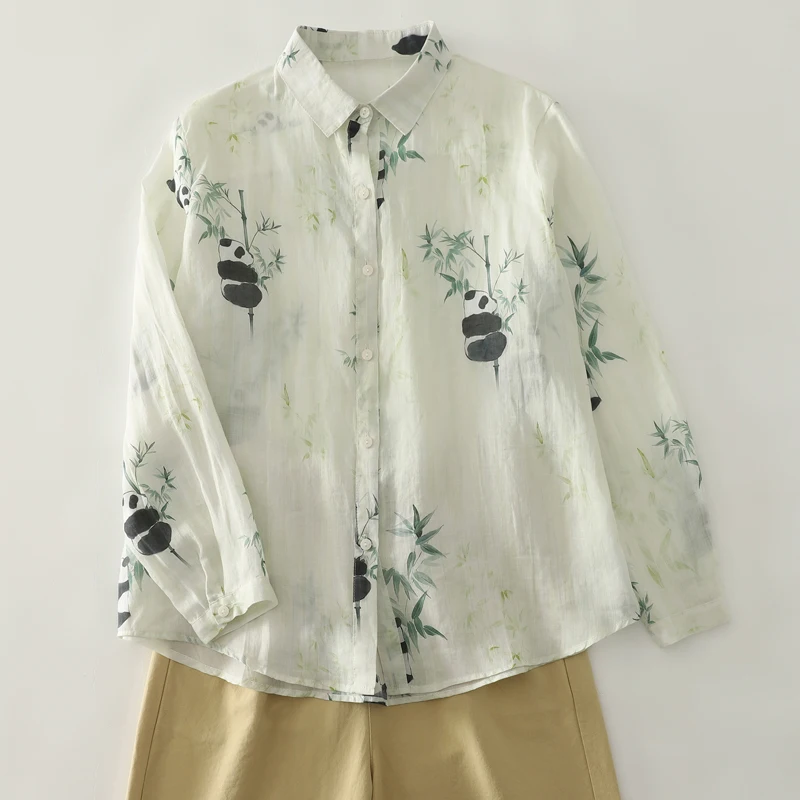 Jesienny Nowy Nadruk Panda Sle, Artystyczny Top Damski, Luźny Krój, Długi Rękaw, Mieszanka Bawełny i Poliestru