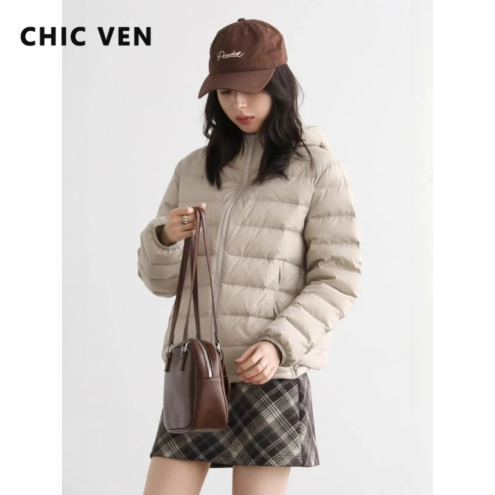 CHIC VEN-abrigos de plumas para mujer, chaquetas coreanas informales con diseño de tira sólida, chaquetas de pato blancas con capucha, ropa femenina para Otoño e Invierno 2025