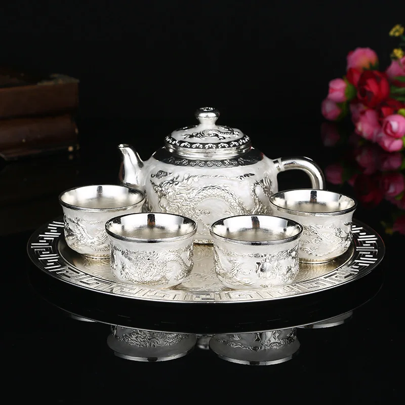 

HYS High-end Silver Dragon and Phoenix Tea Set Home Office Creative Convenience Kung Fu Tea Set Gift Box Packaging Box