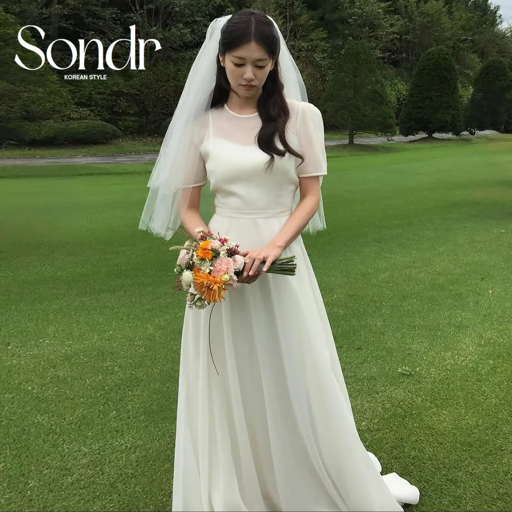 Sondr O-Neck Short Sleeves Korean Wedding Dresses Photo Shoot Customized A Line Simple Elegant Japanese Wedding Party Dresses