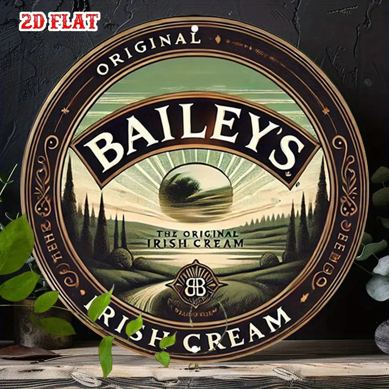 Letrero de aluminio redondo con etiqueta Baileys plana 2D, 1 pieza, letrero de estaño de metal con diseño de paisaje, arte de pared de metal rústico de la marca Heritage,
