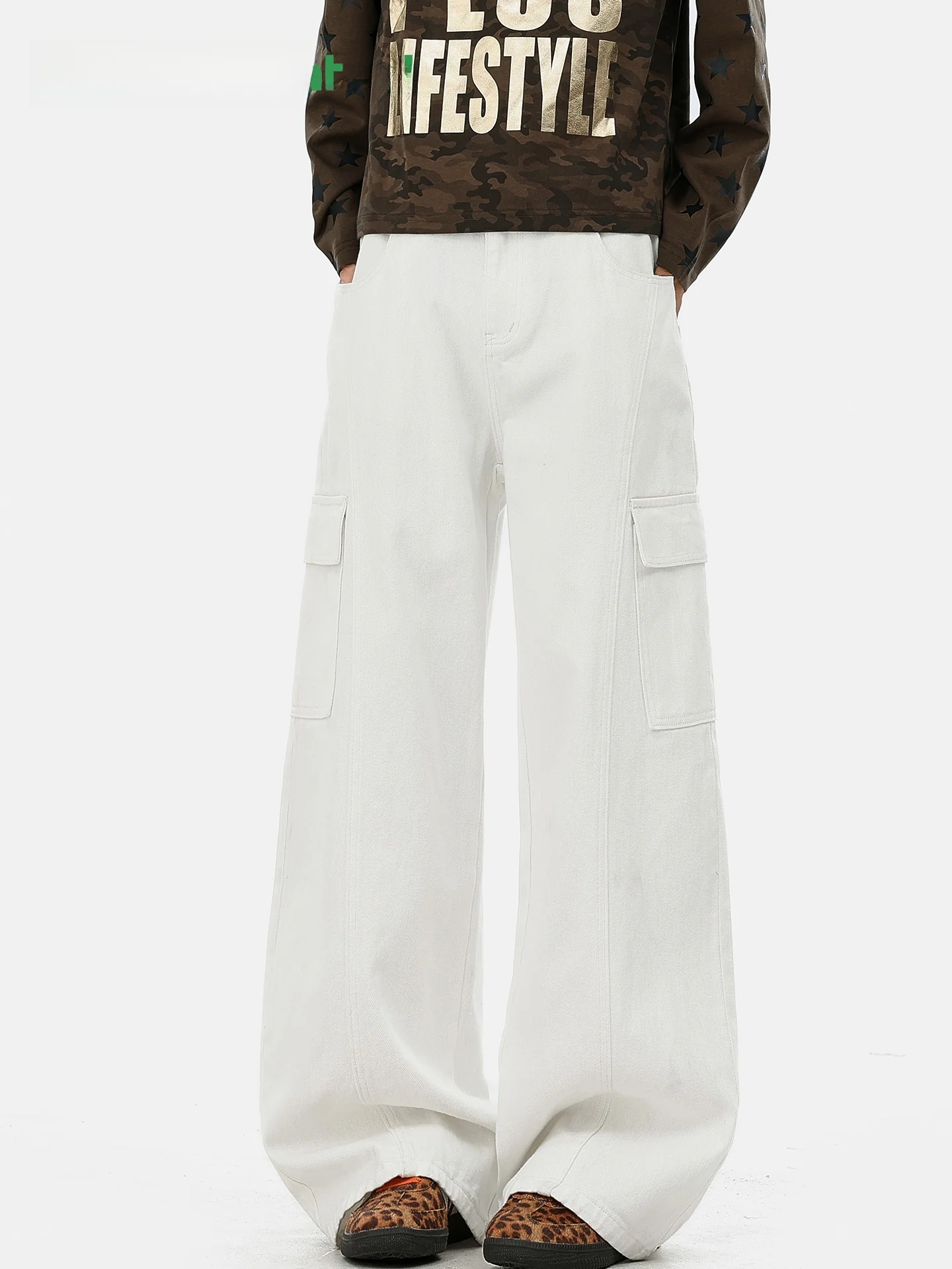 Calças Casuais Unissex Visucontrol Estilo Americano de Caimento Solto para Homens e Mulheres, Jeans de Algodão e Lona da Marc...