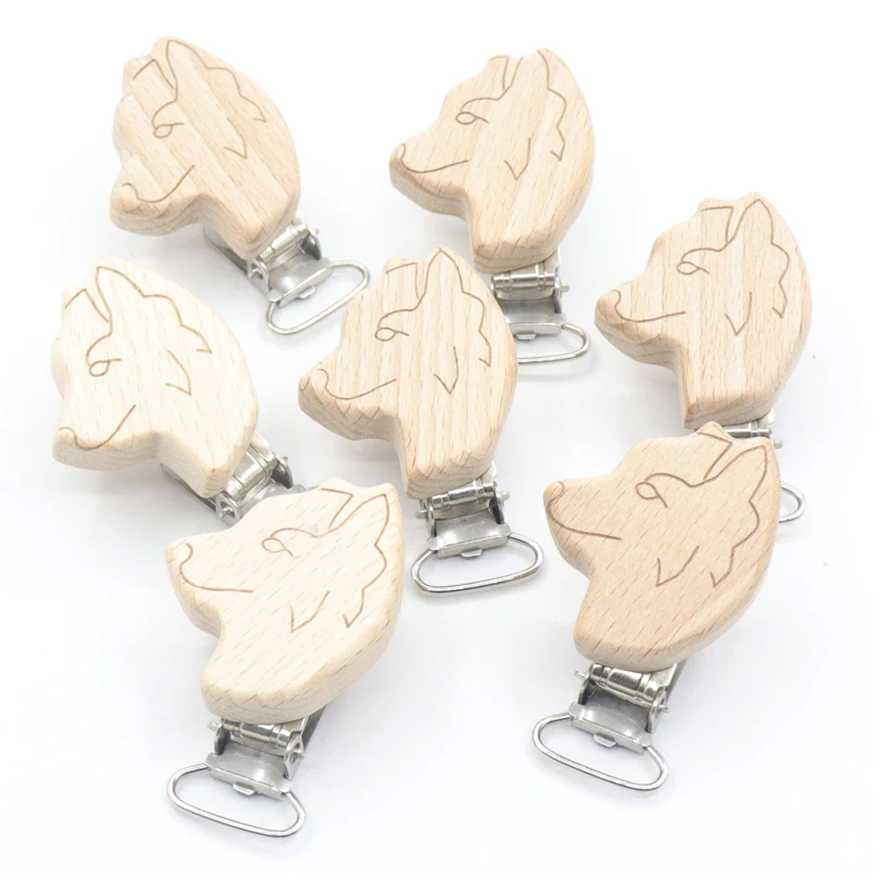 5 Piece Wooden Baby Pacifier Clip Bracket Printed Cute Wolf Baby Teeth Biting Baby Pacifier Buckle DIY Care Tool Accessories