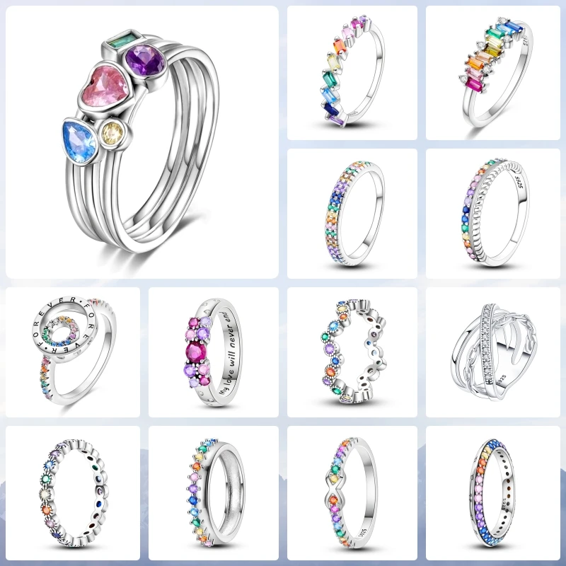 MISEFF 925 Sterling Silver Wide Colorful Zirconium Strip Rings For Wedding Engagement Birthday Silver Rings Jewelry Gift