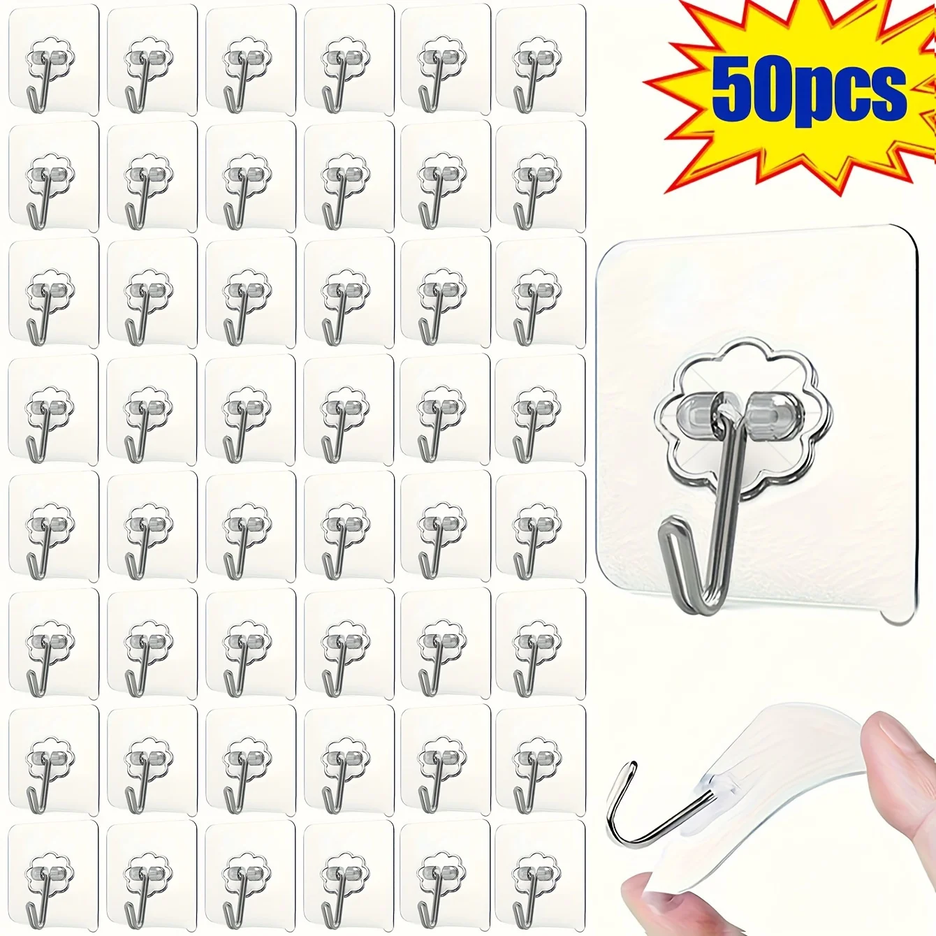 

50-Pack Clear Adhesive Hooks, Heavy Duty No-Residue Wall Hooks for Towels, Keys, Utensils, Damage-Free Organizer