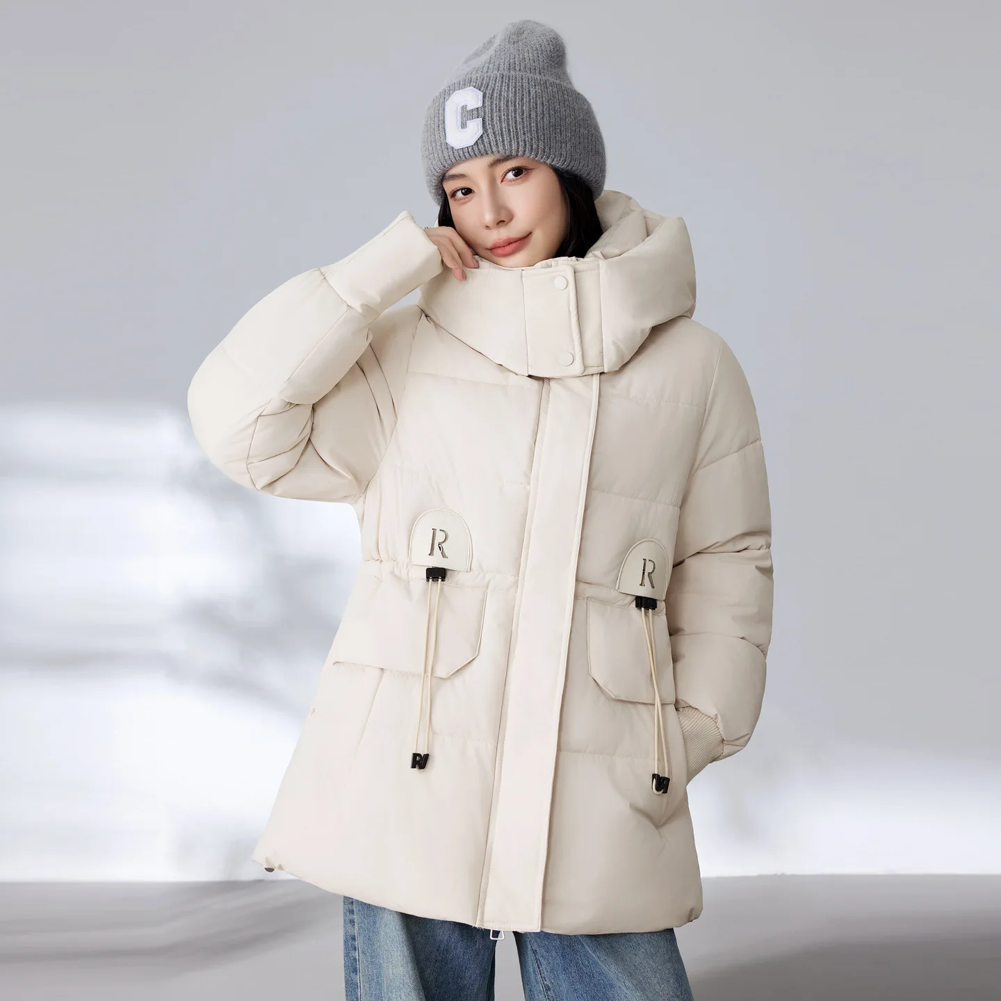 

Winter Thickened Cotton Jacket Women's Mid-Length Down Coat Warm Hooded Jacket Women Style Anti-Cold Cotton Padded Outerwear
