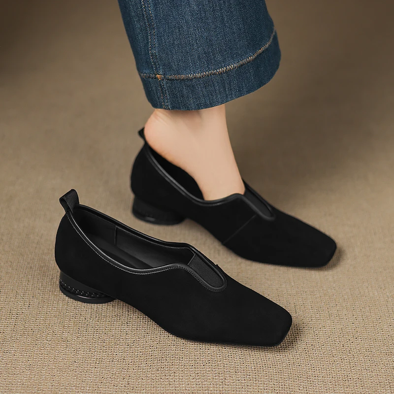 2026 new spring summer women pumps natural leather 22-25.5cm kid suede+sheepskin square toe round heel loafers women shoes